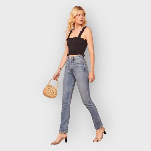 Reformation Leonore Square Neck Crop Top XS Black Smocked Ruffle Y2K Festival - Picture 3 of 9